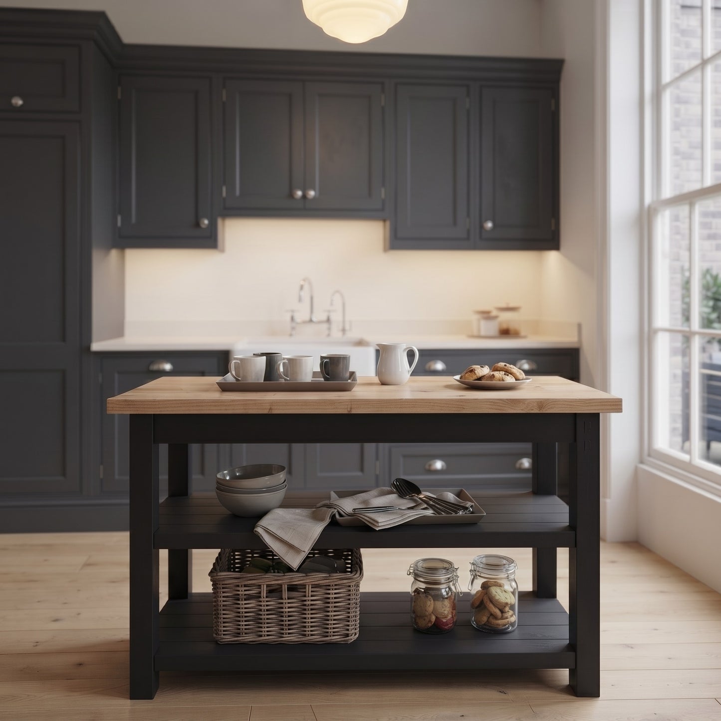 ROWAN Black and Light Oak Kitchen Island / Breakfast Bar / Rustic Black Painted Island