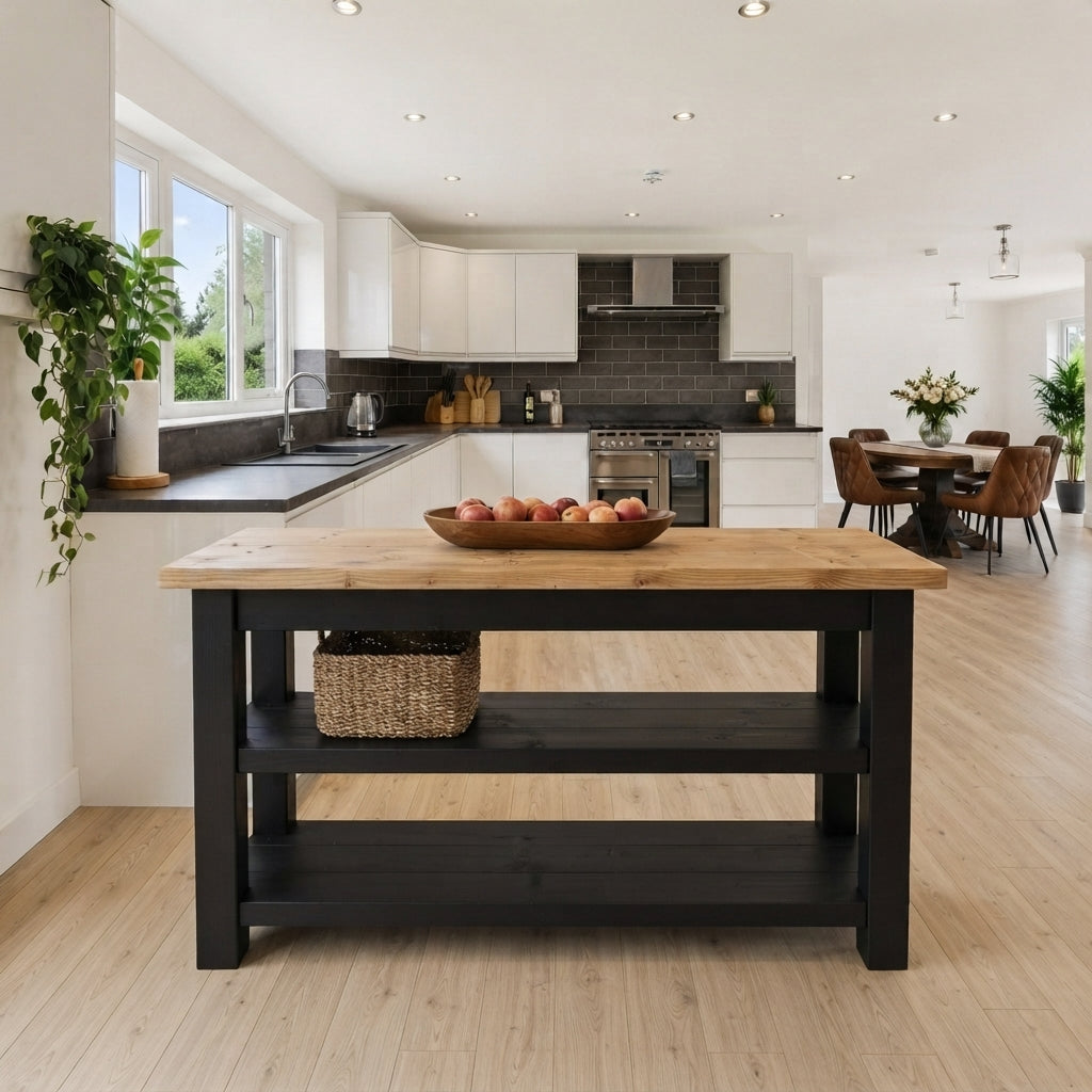 ROWAN Black and Light Oak Kitchen Island / Breakfast Bar / Rustic Black Painted Island