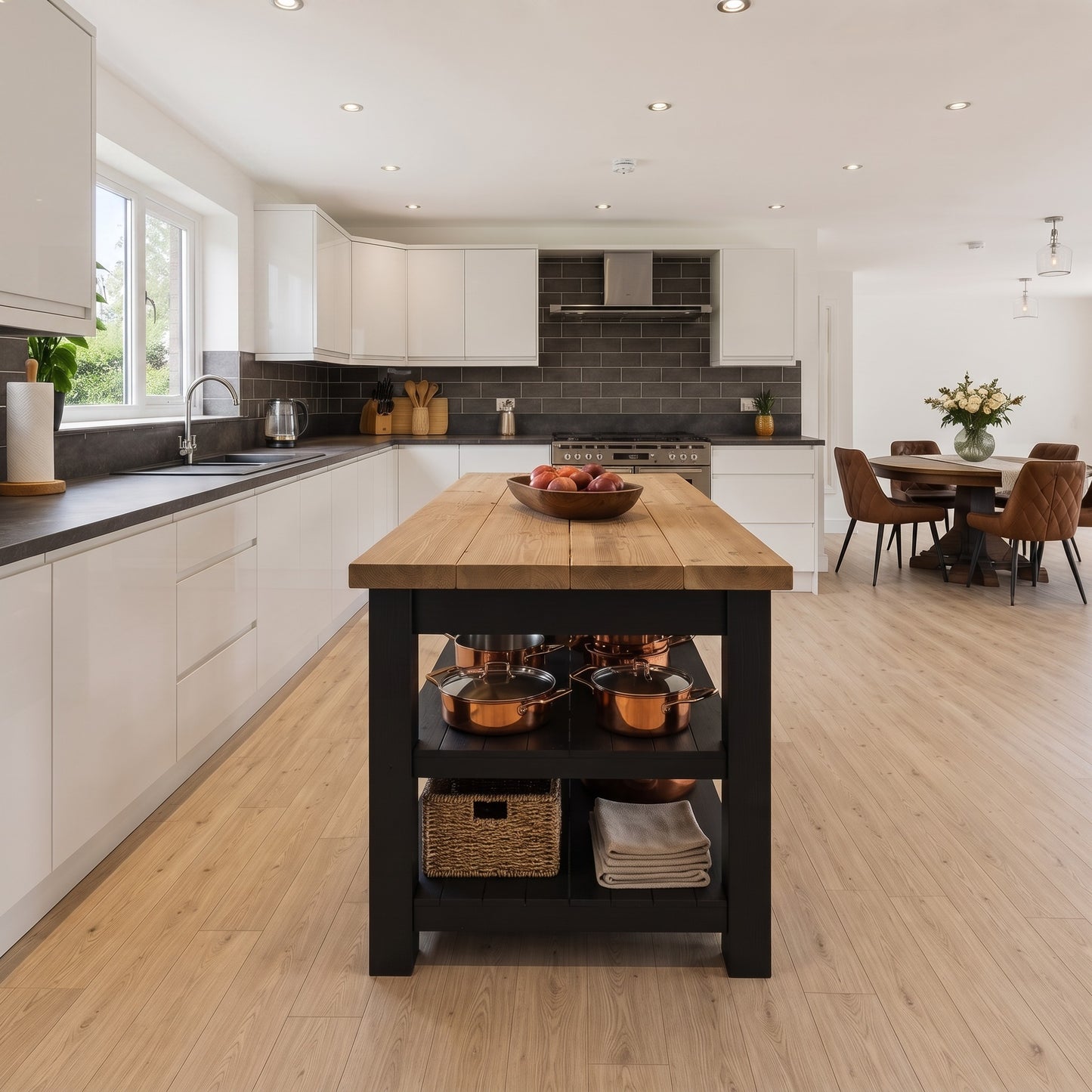 ROWAN Black and Light Oak Kitchen Island / Breakfast Bar / Rustic Black Painted Island