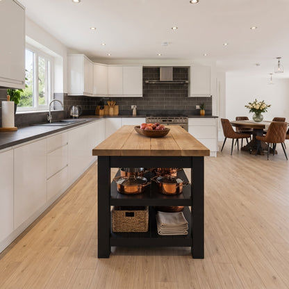 ROWAN Black and Light Oak Kitchen Island / Breakfast Bar / Rustic Black Painted Island