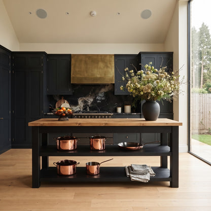 ROWAN Black and Light Oak Kitchen Island / Breakfast Bar / Rustic Black Painted Island