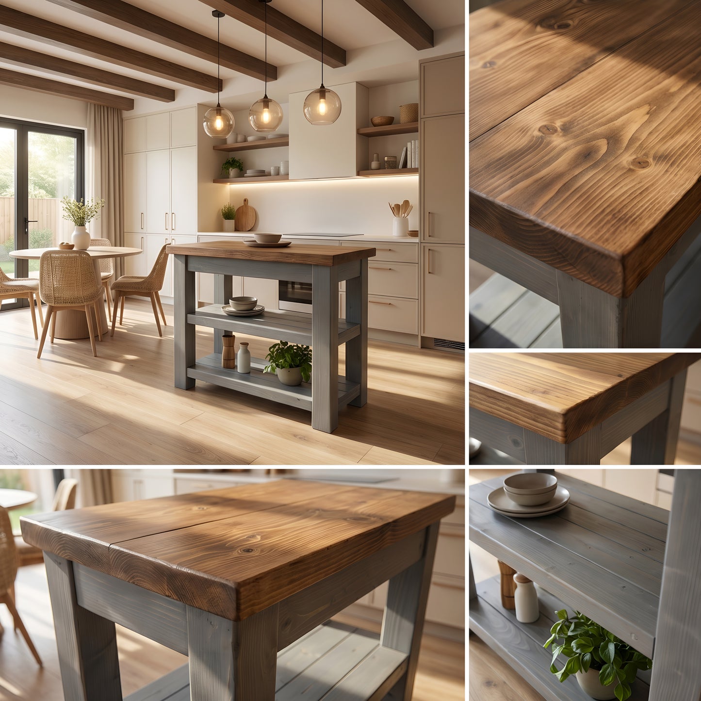 ROWAN Dark Grey Kitchen Island / Breakfast Bar / Rustic Grey Painted Island