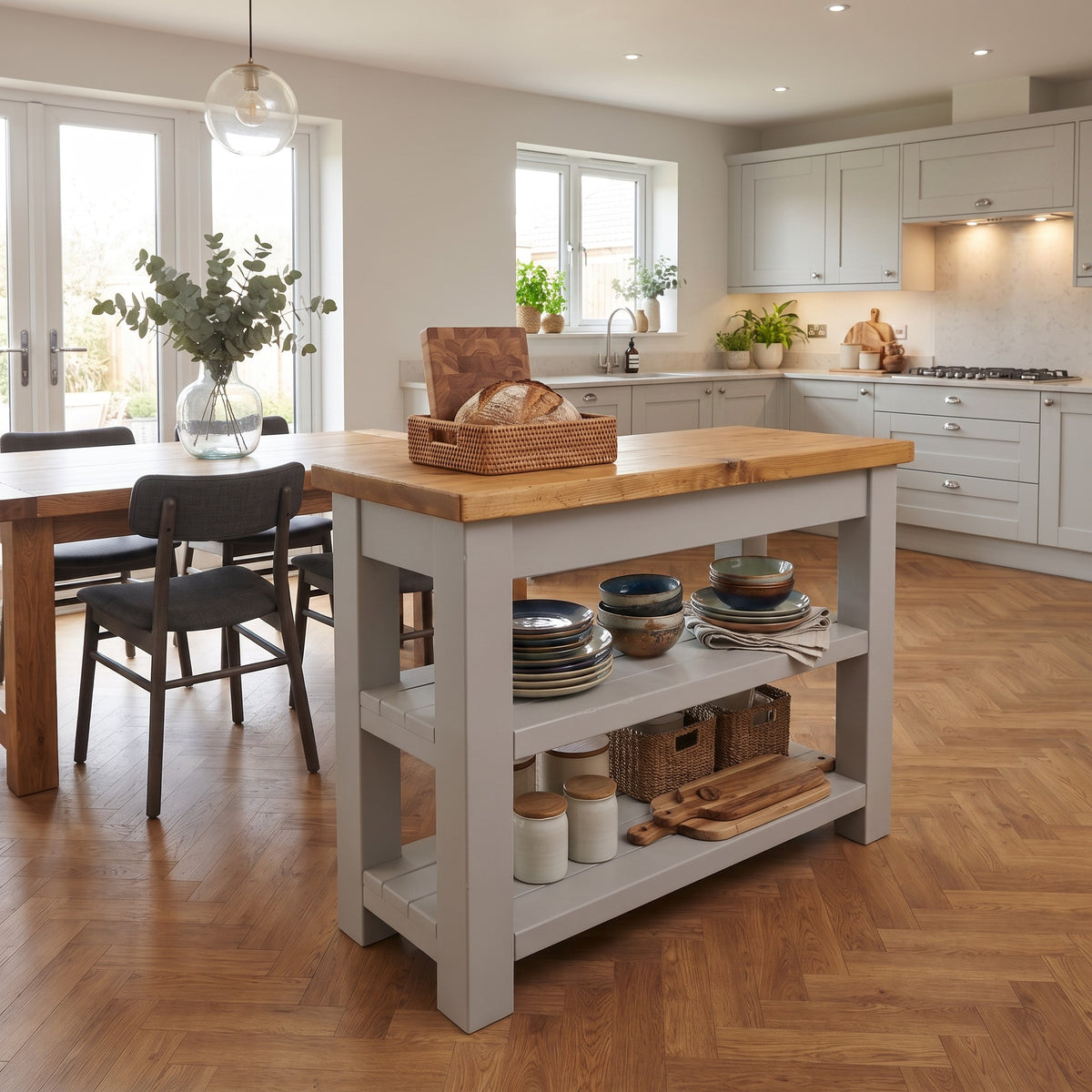 ROWAN Light Grey Kitchen Island / Breakfast Bar / Rustic Grey Painted Island
