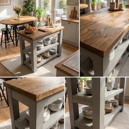 ROWAN Dark Grey Kitchen Island / Breakfast Bar / Rustic Grey Painted Island