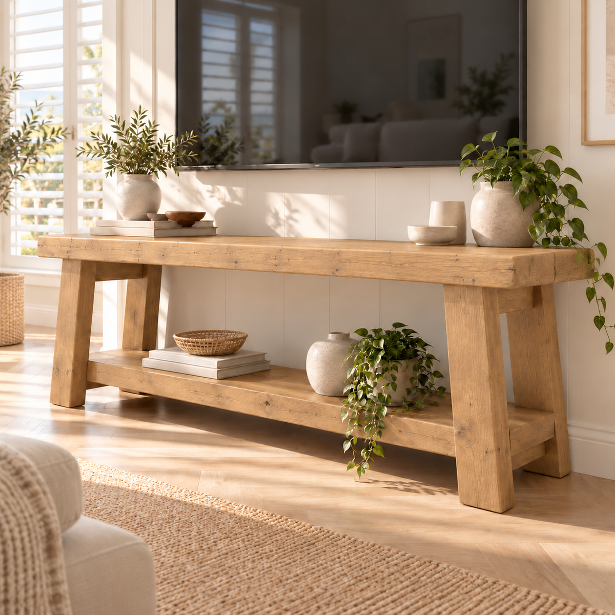 ROME Light Oak Colour Solid Wood Chunky TV Unit / Bench