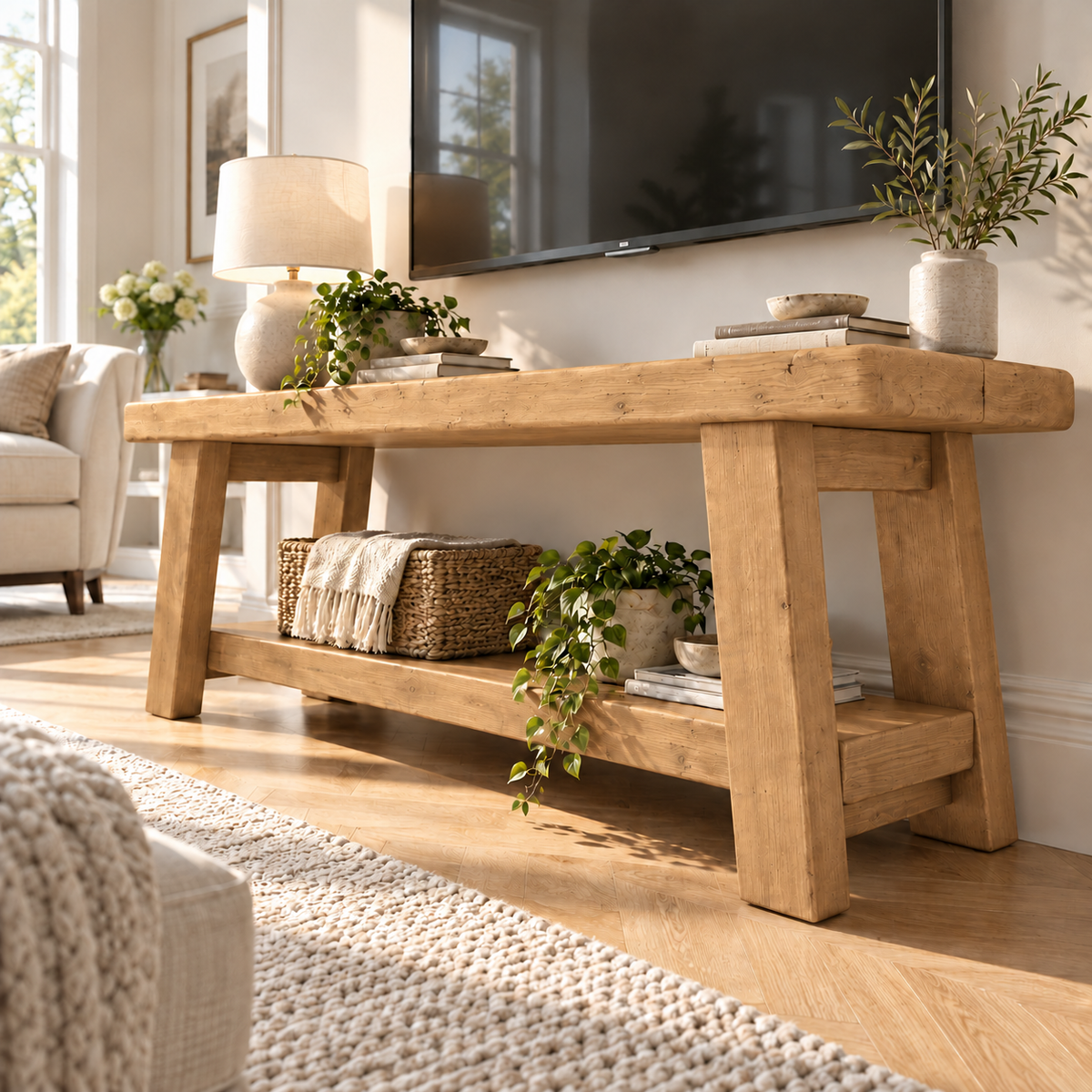 ROME Light Oak Colour Solid Wood Chunky TV Unit / Bench