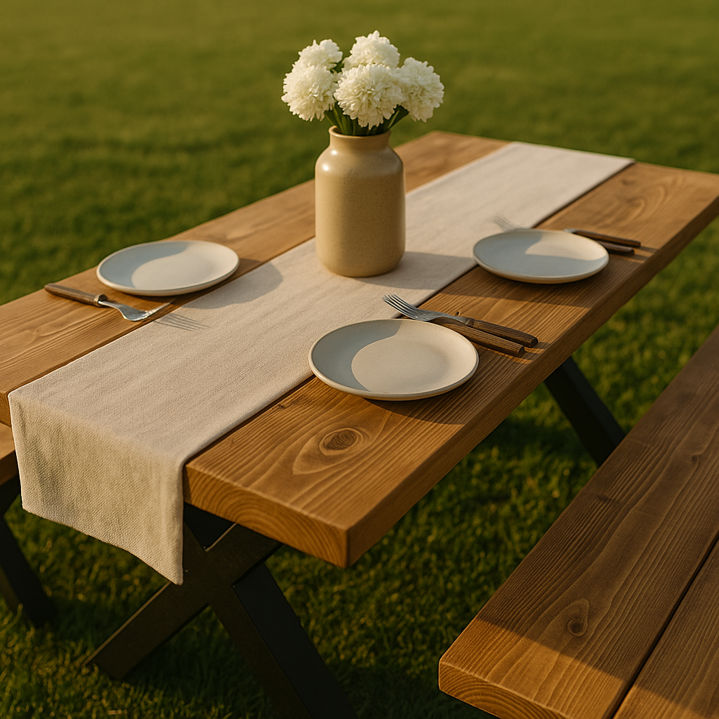 Outdoor Farmhouse Dining Table With Bench and Black Metal Cross Legs