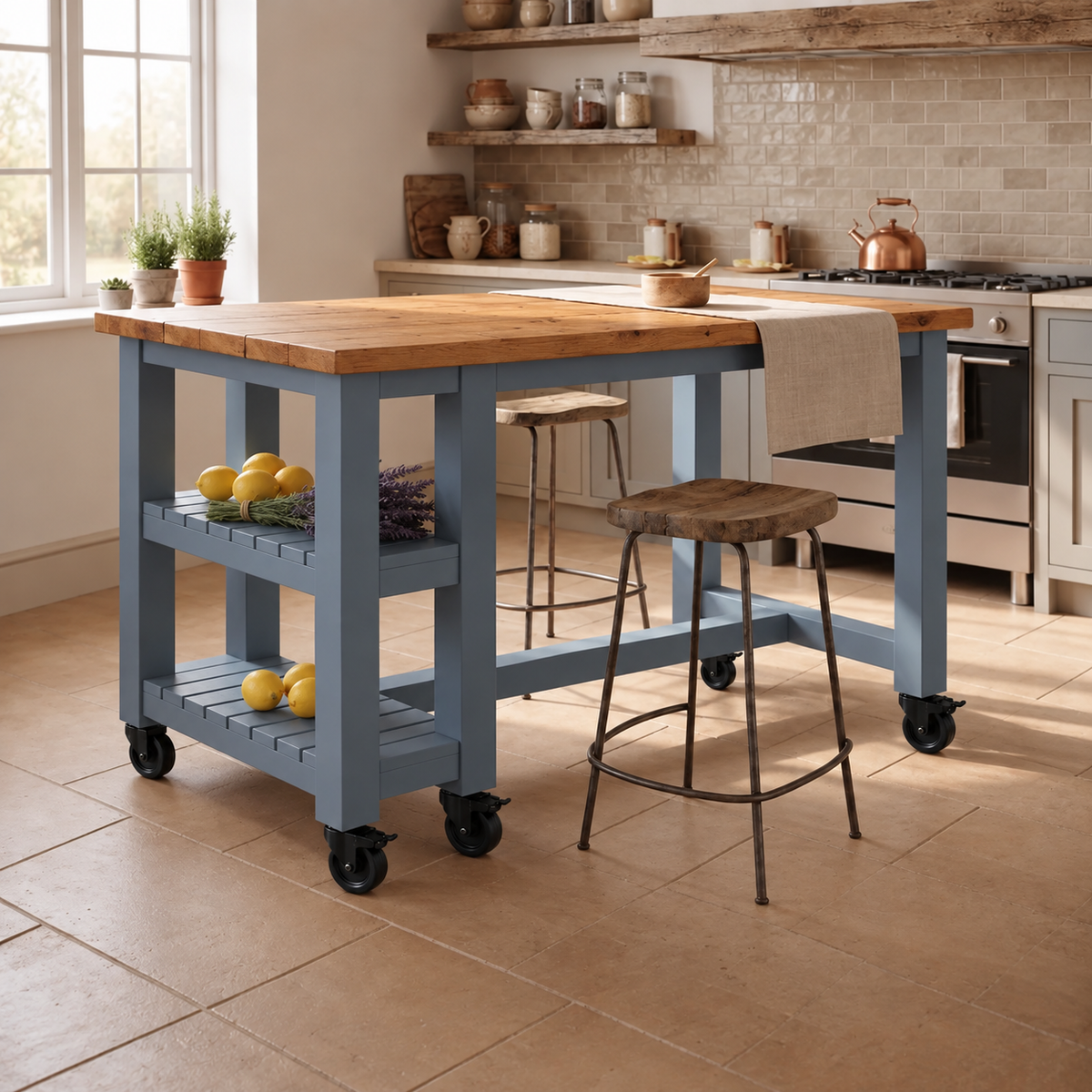 NORVIK Blue Cart On Wheels Solid Wood Kitchen Island With Shelf / Breakfast Bar