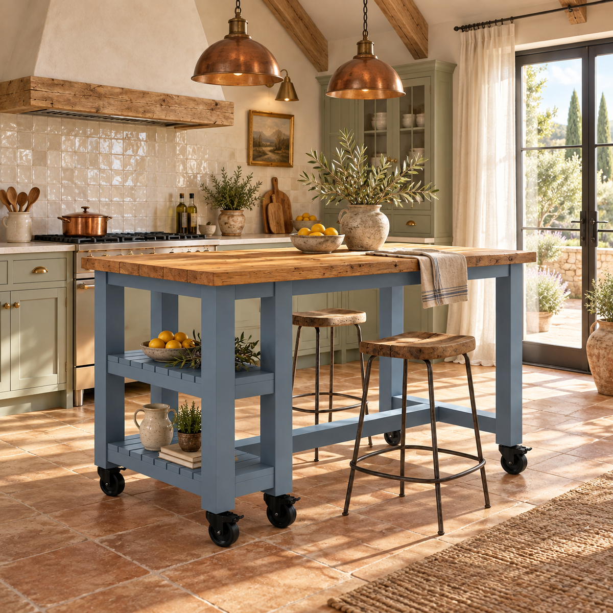 NORVIK Blue Cart On Wheels Solid Wood Kitchen Island With Shelf / Breakfast Bar