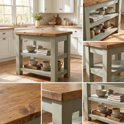 ROWAN Sage Green Kitchen Island / Breakfast Bar / Rustic Green Painted Island Tero