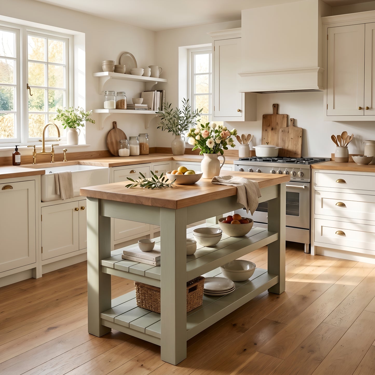 ROWAN Sage Green Kitchen Island / Breakfast Bar / Rustic Green Painted Island Tero