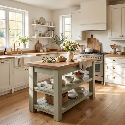 ROWAN Sage Green Kitchen Island / Breakfast Bar / Rustic Green Painted Island Tero