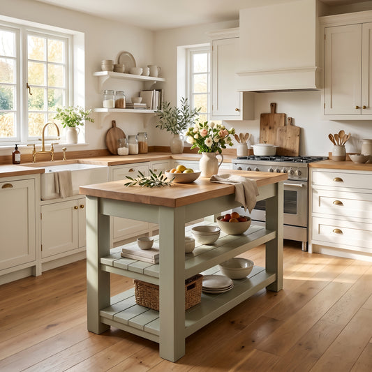 ROWAN Sage Green Kitchen Island / Breakfast Bar / Rustic Green Painted Island Tero