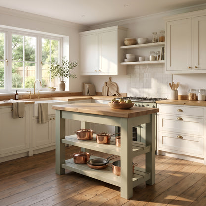 ROWAN Sage Green Kitchen Island / Breakfast Bar / Rustic Green Painted Island Tero
