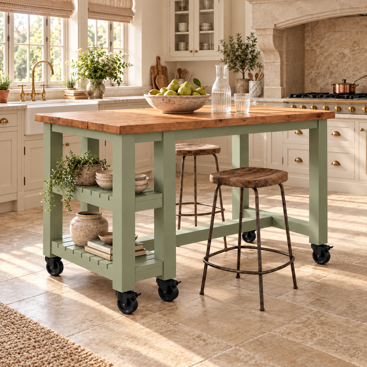 NORVIK Light Green Cart On Wheels Solid Wood Kitchen Island With Shelf / Breakfast Bar