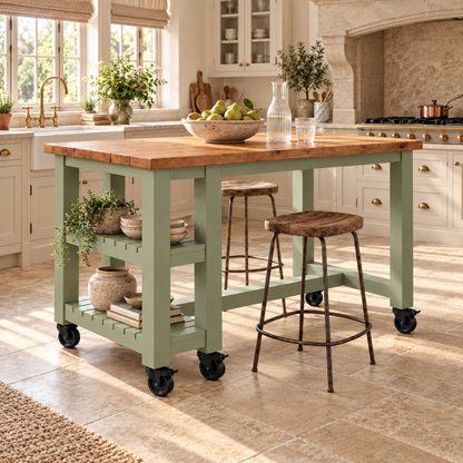 NORVIK Light Green Cart On Wheels Solid Wood Kitchen Island With Shelf / Breakfast Bar