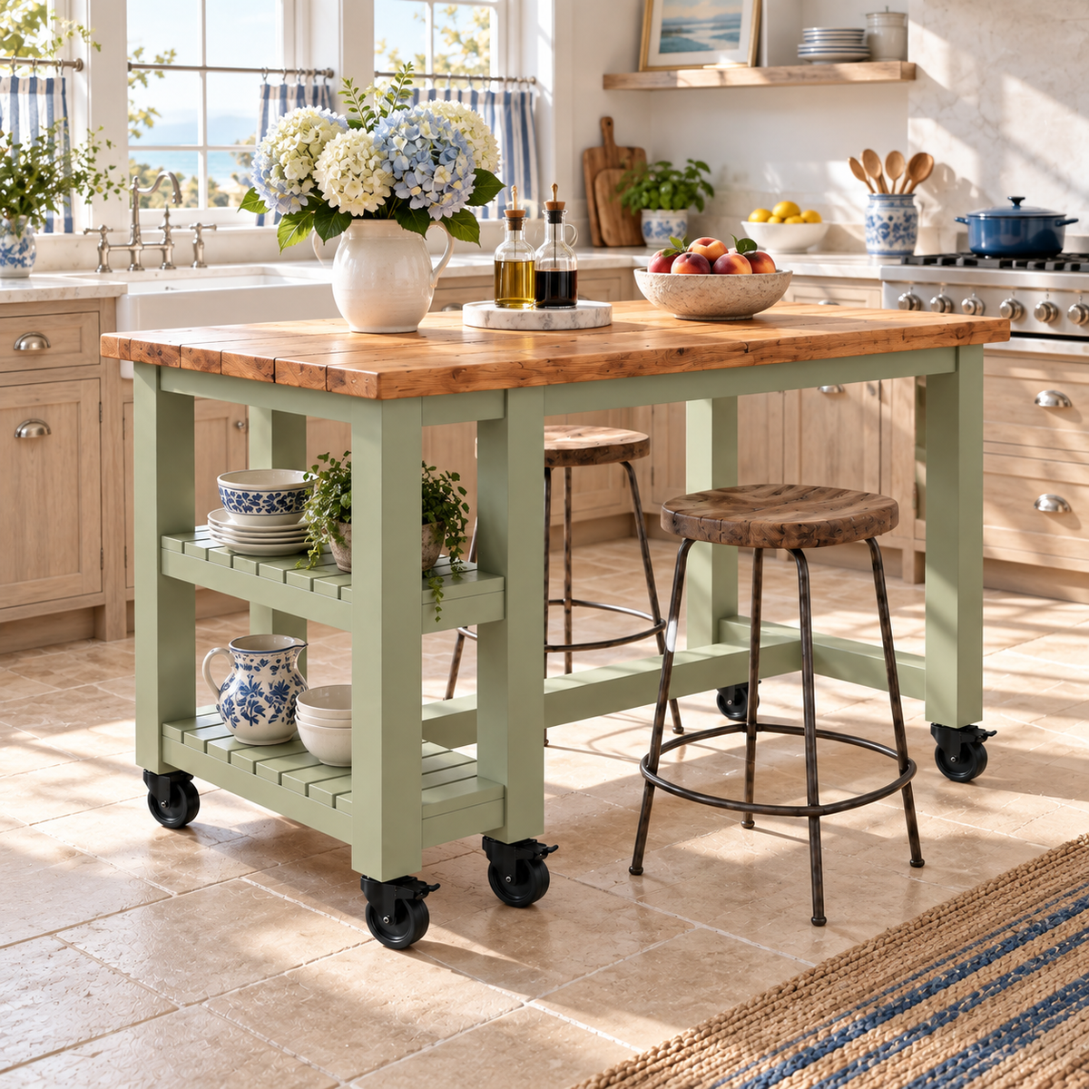 NORVIK Light Green Cart On Wheels Solid Wood Kitchen Island With Shelf / Breakfast Bar