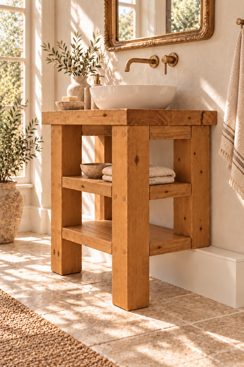 SOMERVALE 30cm Shorter Back Legs Solid Wood Bathroom Vanity With Shelf