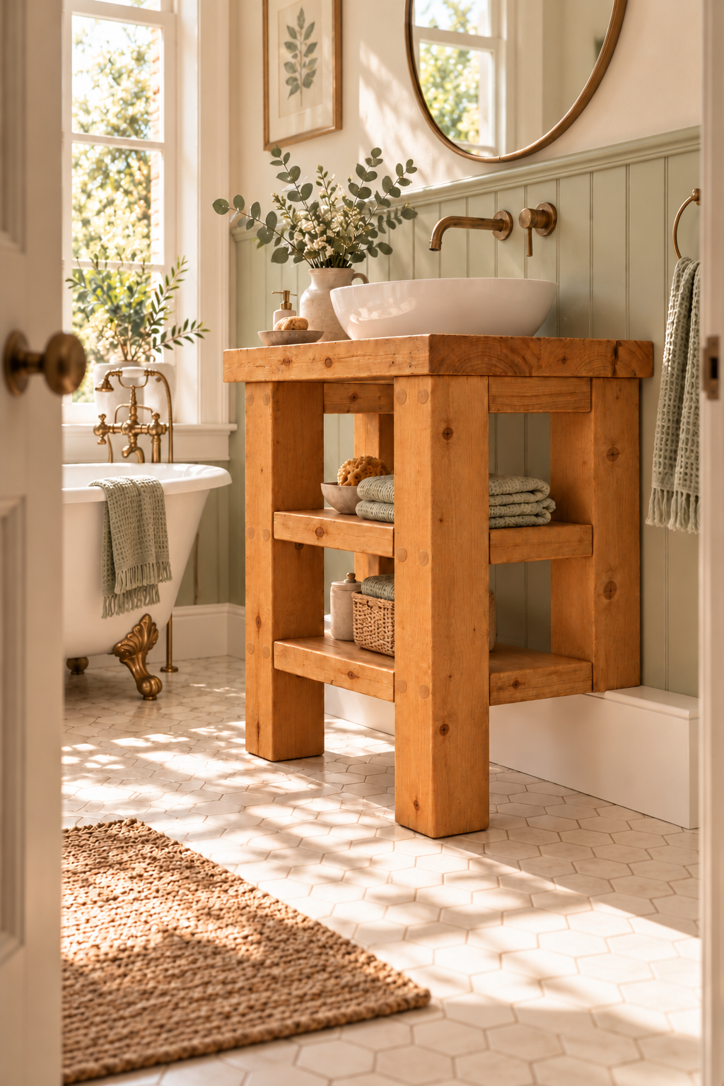 SOMERVALE 30cm Shorter Back Legs Solid Wood Bathroom Vanity With Shelf