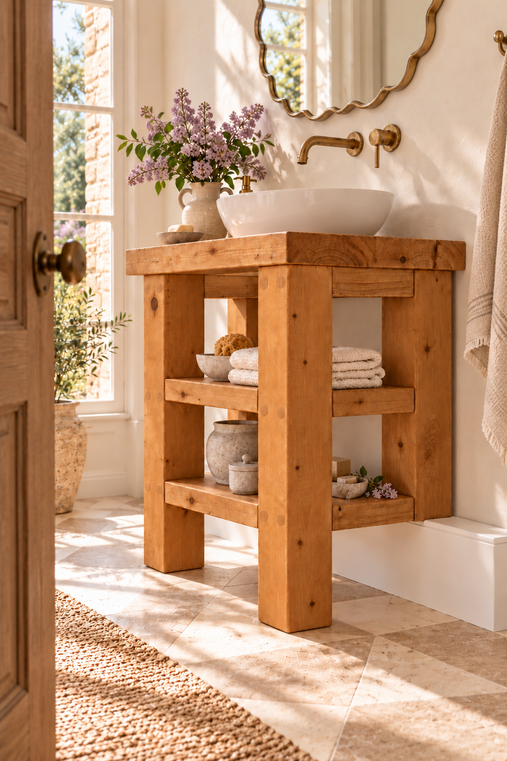 SOMERVALE 30cm Shorter Back Legs Solid Wood Bathroom Vanity With Shelf