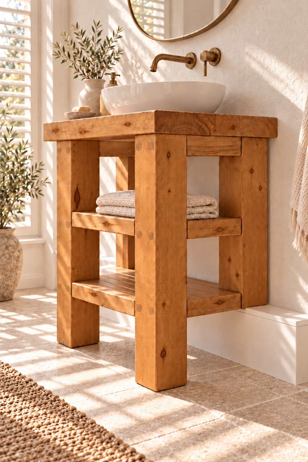 SOMERVALE 30cm Shorter Back Legs Solid Wood Bathroom Vanity With Shelf