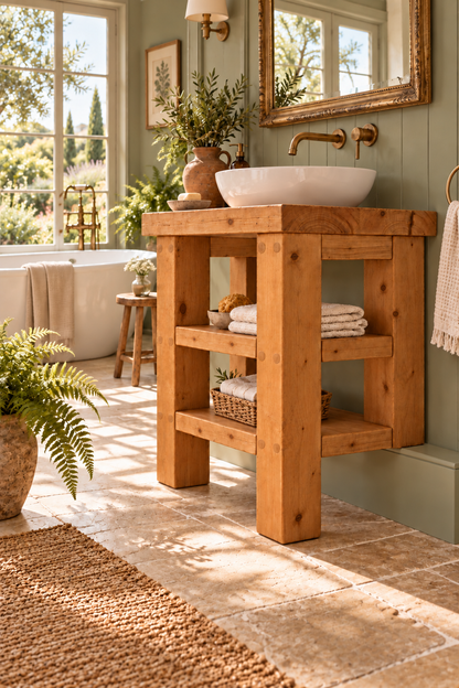 SOMERVALE 30cm Shorter Back Legs Solid Wood Bathroom Vanity With Shelf