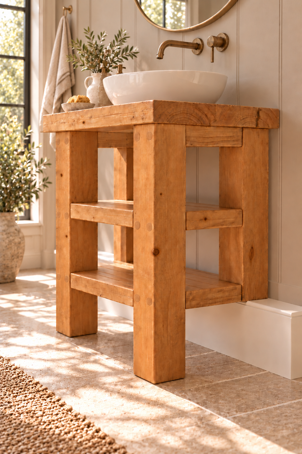SOMERVALE 30cm Shorter Back Legs Solid Wood Bathroom Vanity With Shelf