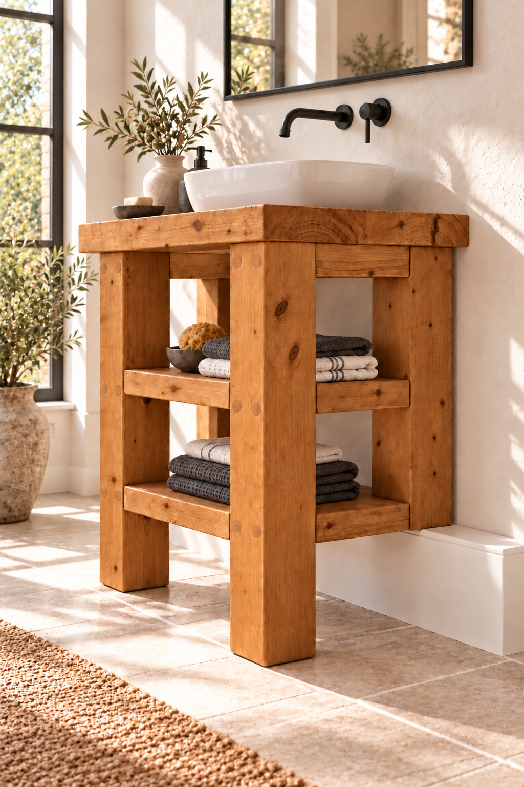 SOMERVALE 30cm Shorter Back Legs Solid Wood Bathroom Vanity With Shelf
