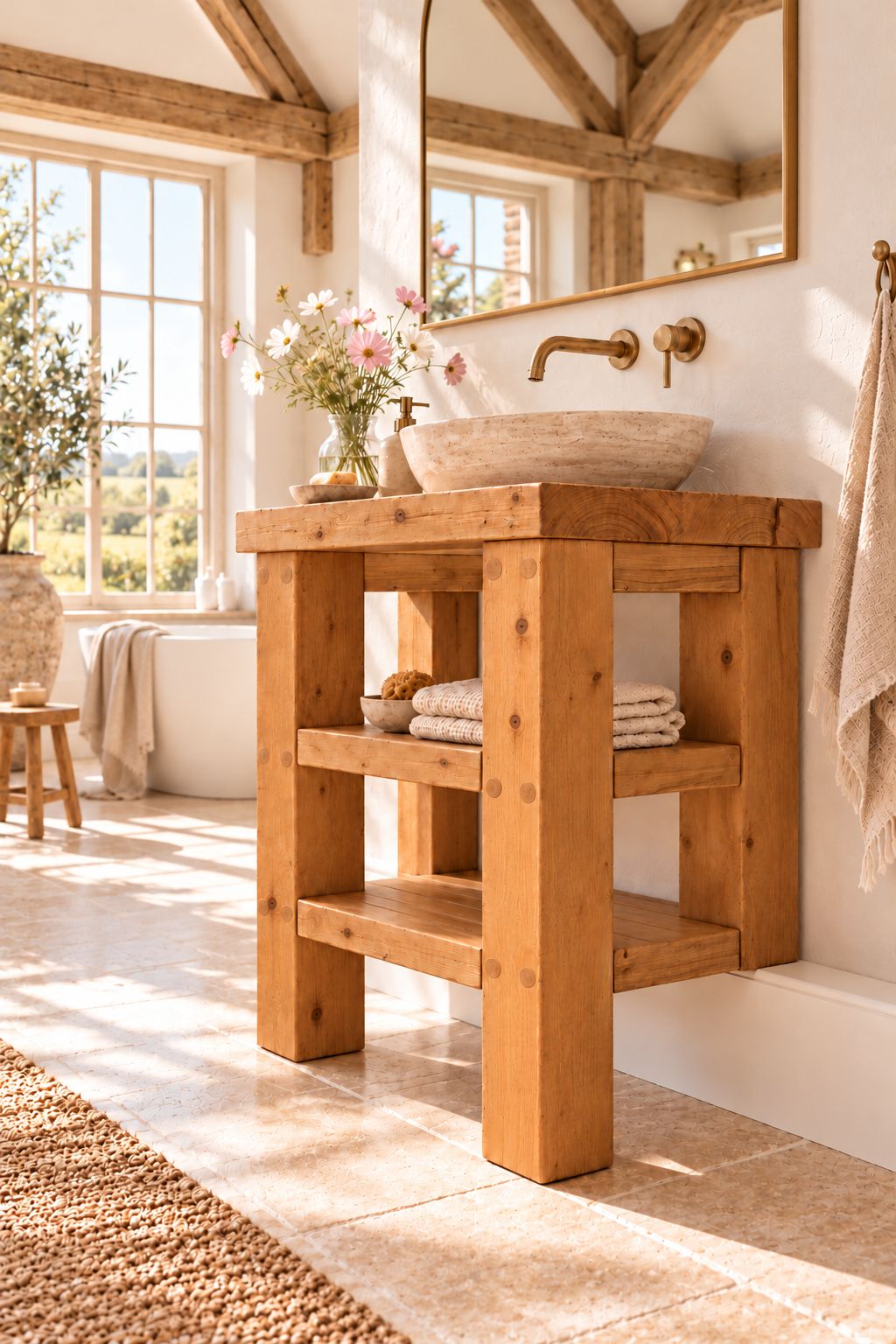 SOMERVALE 30cm Shorter Back Legs Solid Wood Bathroom Vanity With Shelf