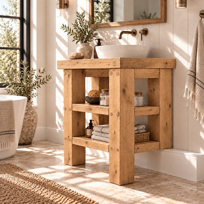 SOMERVALE 20cm Shorter Back Legs Light Oak Colour Solid Wood Bathroom Vanity With Shelf