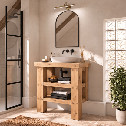 SOMERVALE 20cm Shorter Back Legs Light Oak Colour Solid Wood Bathroom Vanity With Shelf