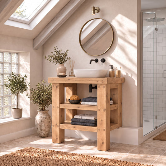 SOMERVALE 20cm Shorter Back Legs Light Oak Colour Solid Wood Bathroom Vanity With Shelf
