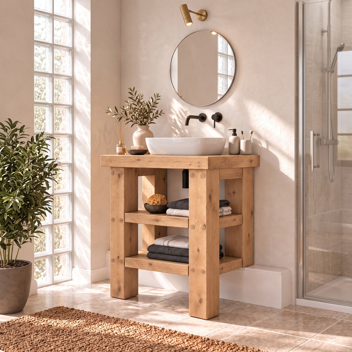 SOMERVALE 20cm Shorter Back Legs Light Oak Colour Solid Wood Bathroom Vanity With Shelf