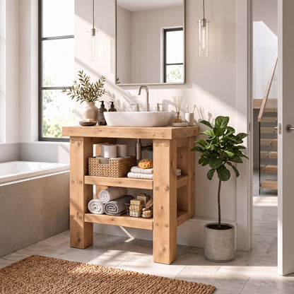 SOMERVALE 20cm Shorter Back Legs Light Oak Colour Solid Wood Bathroom Vanity With Shelf