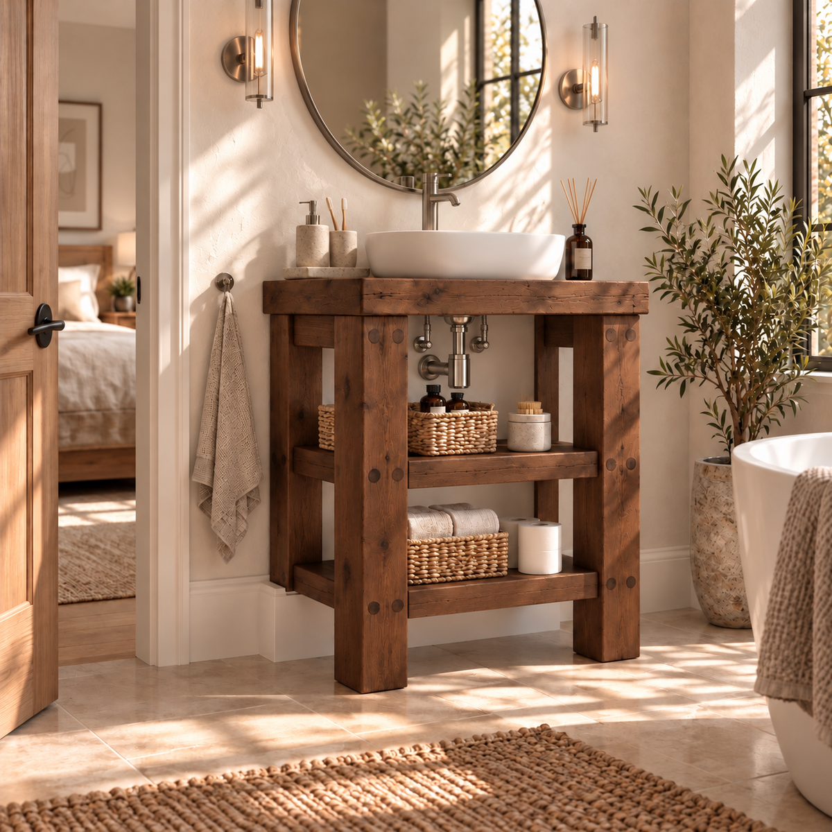 SOMERVALE 30cm Shorter Back Legs Walnut Colour Solid Wood Bathroom Vanity With Shelf