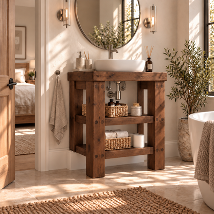 SOMERVALE 15cm Shorter Back Legs Walnut Colour Solid Wood Bathroom Vanity With Shelf
