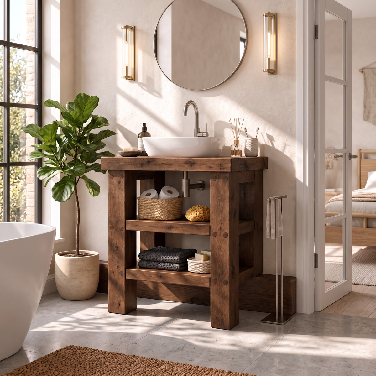 SOMERVALE 15cm Shorter Back Legs Walnut Colour Solid Wood Bathroom Vanity With Shelf