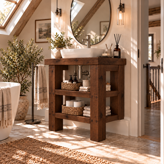 SOMERVALE 30cm Shorter Back Legs Walnut Colour Solid Wood Bathroom Vanity With Shelf