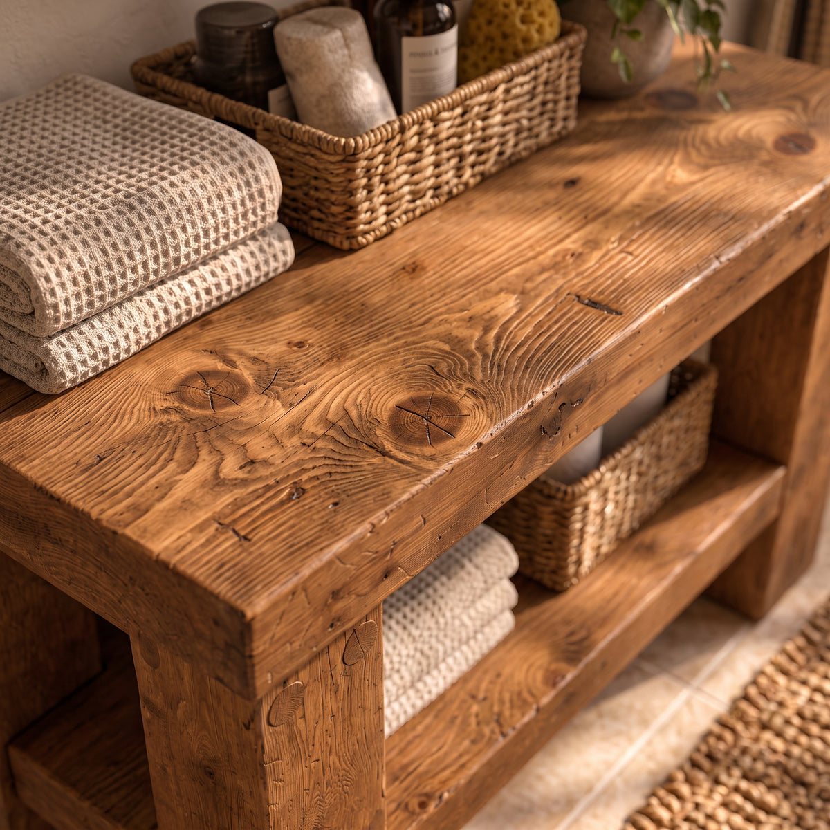 SOMERVALE 15cm Shorter Back Legs Walnut Colour Solid Wood Bathroom Vanity With Shelf