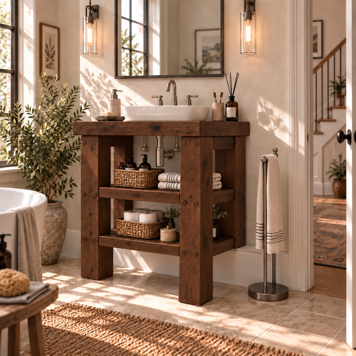 SOMERVALE 30cm Shorter Back Legs Walnut Colour Solid Wood Bathroom Vanity With Shelf
