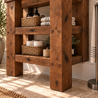 SOMERVALE 15cm Shorter Back Legs Walnut Colour Solid Wood Bathroom Vanity With Shelf