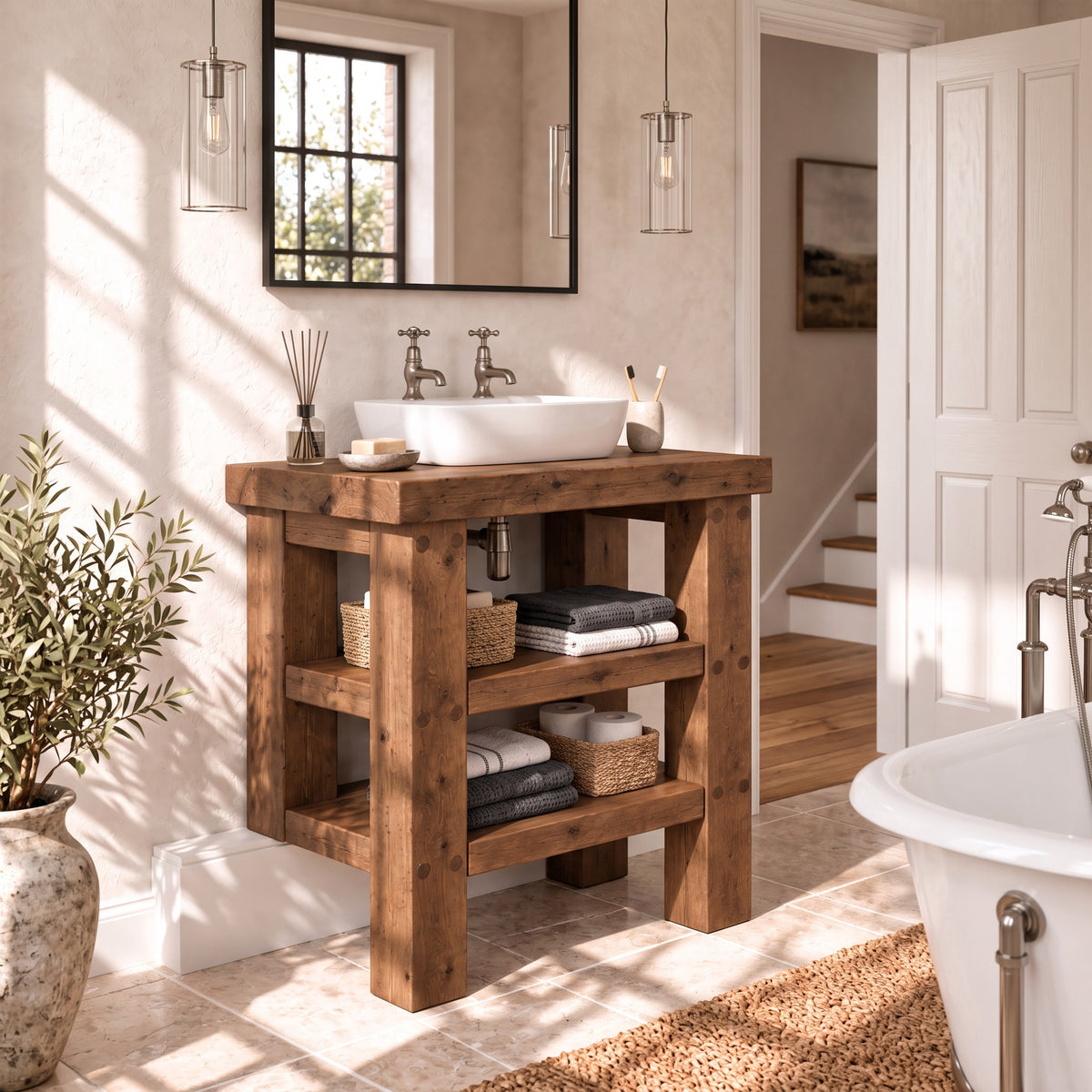 SOMERVALE 15cm Shorter Back Legs Walnut Colour Solid Wood Bathroom Vanity With Shelf