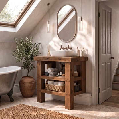 SOMERVALE 15cm Shorter Back Legs Walnut Colour Solid Wood Bathroom Vanity With Shelf