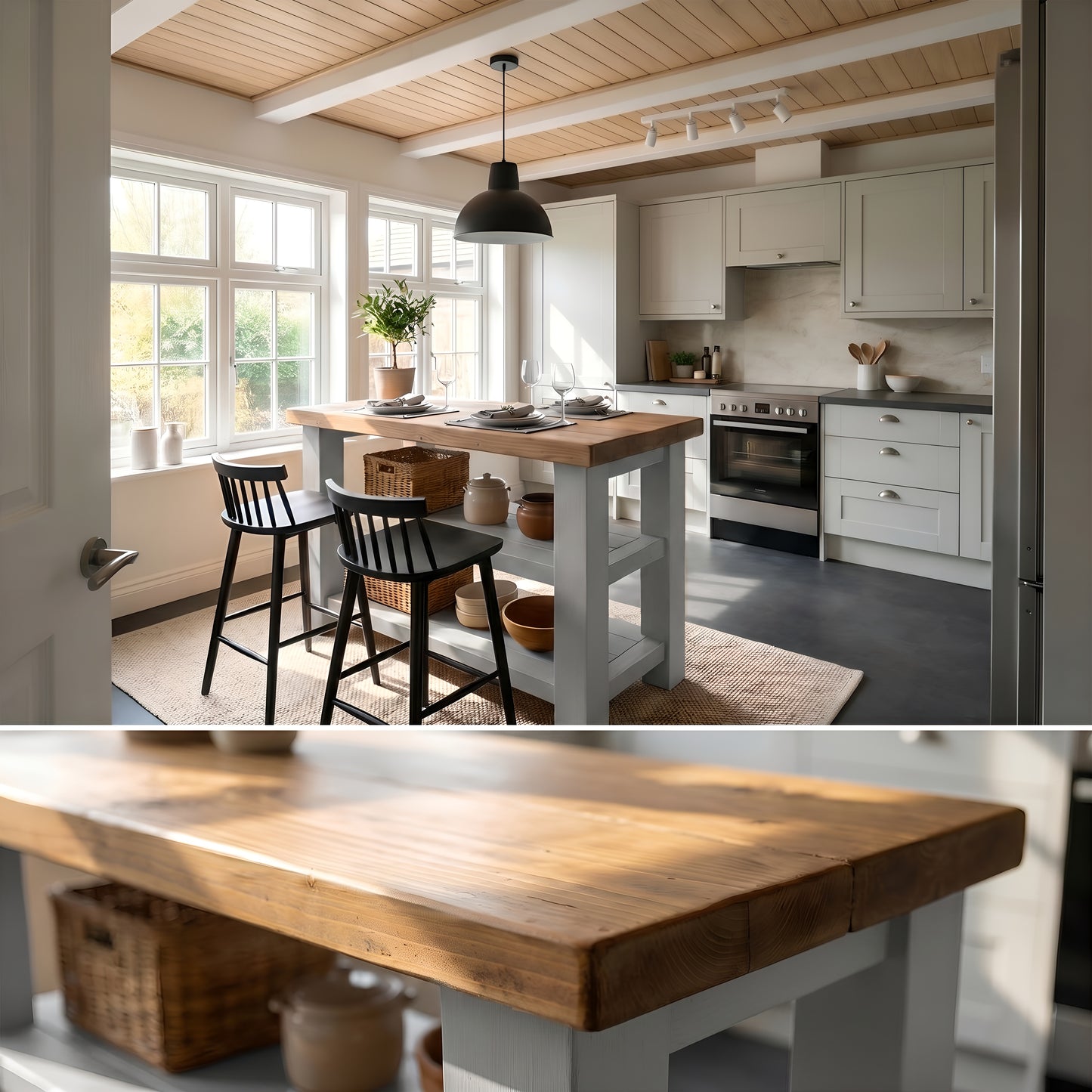 STONEFORD Light Grey Kitchen Island / Breakfast Bar / Rustic Island