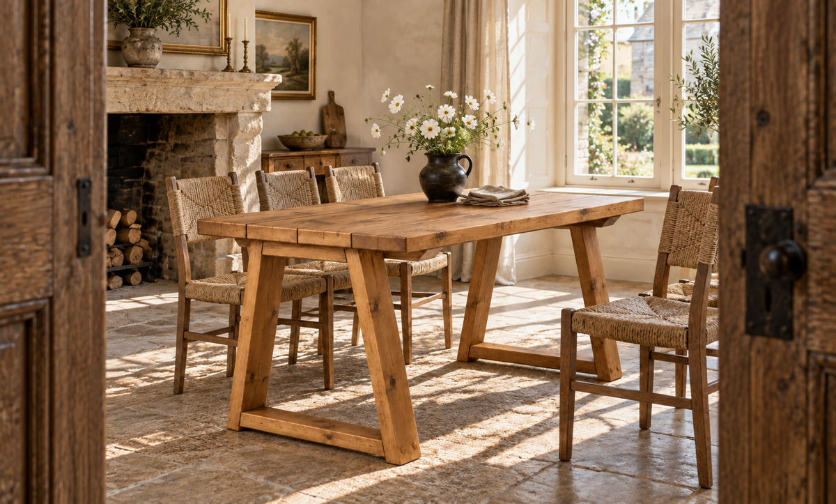 Sylvan Trapezium Solid Wood Dining Table With Wooden Trapezoid Legs