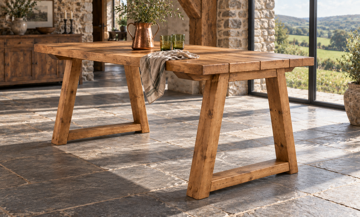 Sylvan Trapezium Solid Wood Dining Table With Wooden Trapezoid Legs