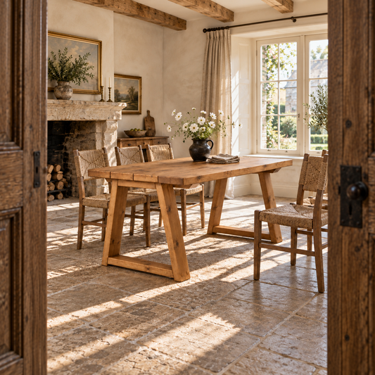 Obsidian Trapezium Solid Wood Dining Table With Wooden Trapezoid Legs