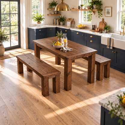 TEMPLETON Walnut Colour Solid Wood Dining Table With Chunky Legs and Optional Benches