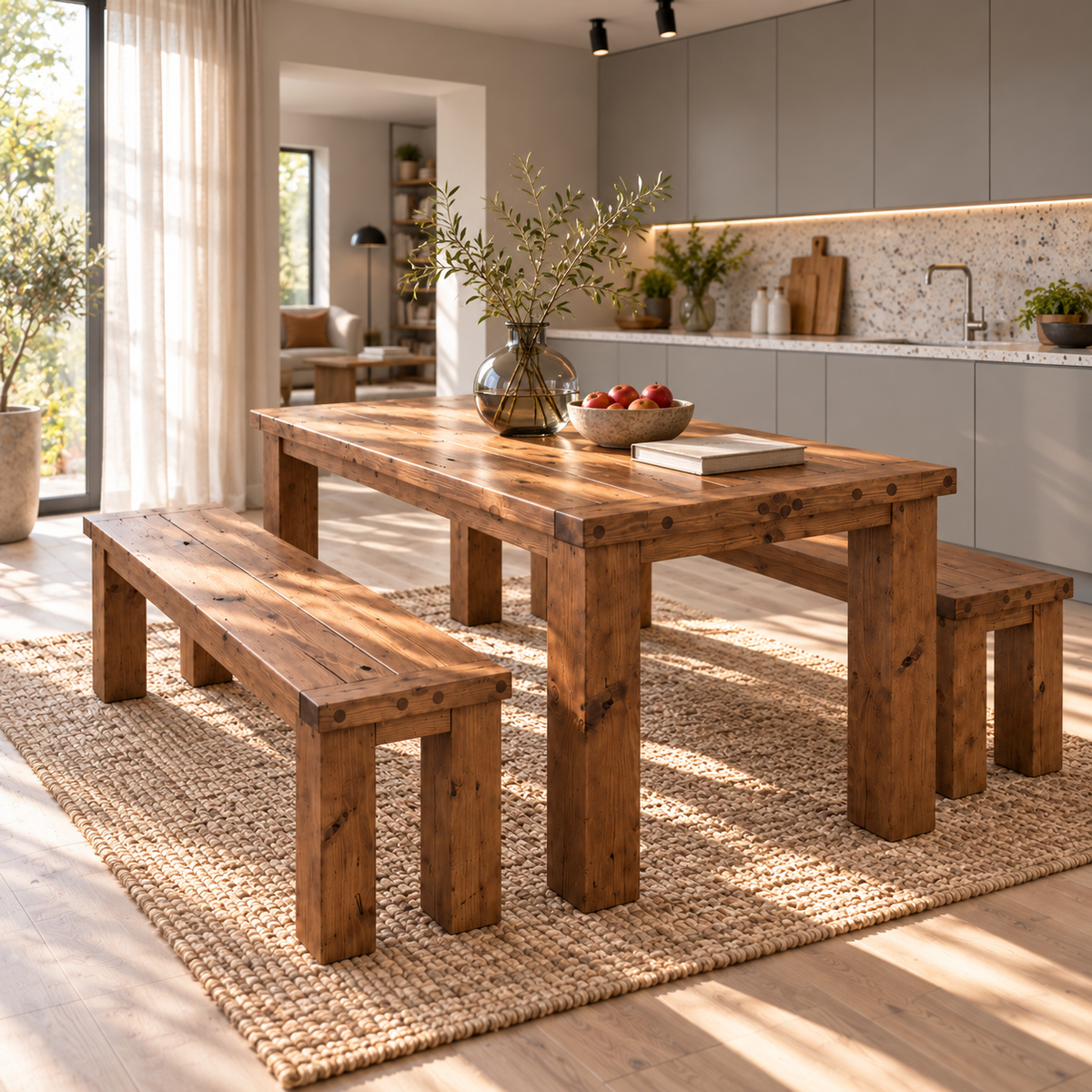TEMPLETON Walnut Colour Solid Wood Dining Table With Chunky Legs and Optional Benches