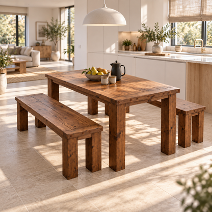 TEMPLETON Walnut Colour Solid Wood Dining Table With Chunky Legs and Optional Benches